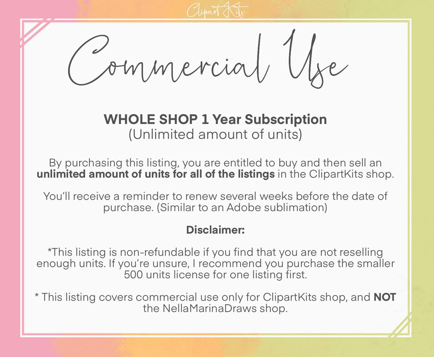 1 Year Subscription to Whole Shop Unlimited Commercial License for Clipart (Renewable after 1 Year)