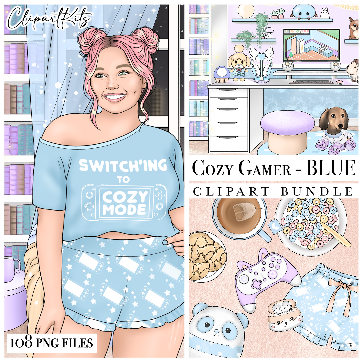 Cozy Gamer BLUE | Complete Clipart Set