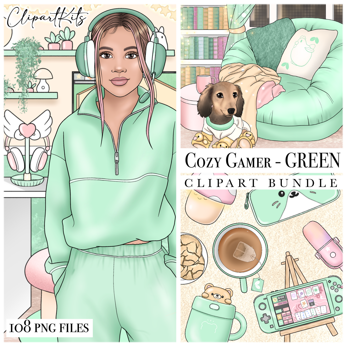 Cozy Gamer GREEN | Complete Clipart Set