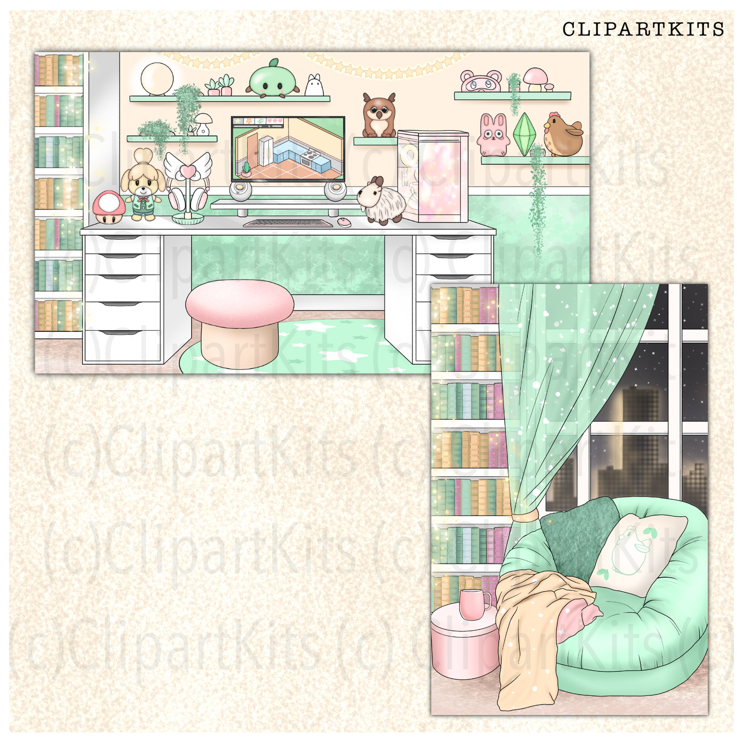 Cozy Gamer GREEN | Complete Clipart Set