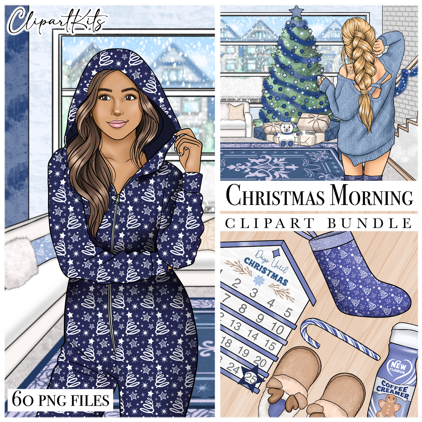 Christmas Morning BLUE | Complete Clipart Set